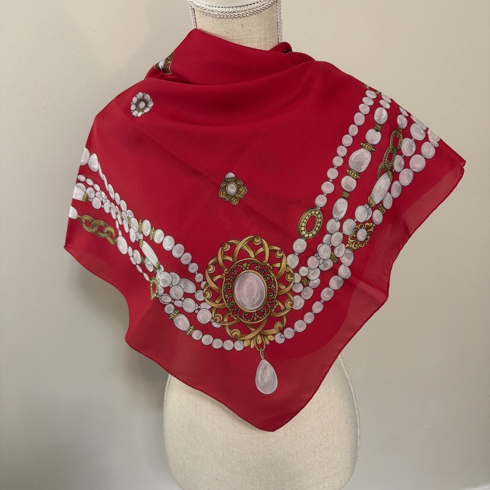 Vintage‎ AVON Polyester Scarf Pearls & Jewelry Motif Created in Italy 34" x 34"
